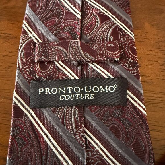 Pronto Uomo Couture 100% Silk Burgundy Paisley Striped Mens Neck Tie - Picture 5 of 10